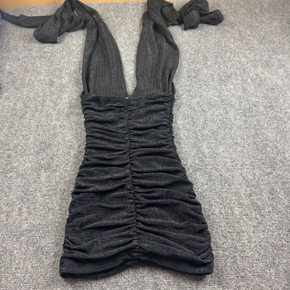 FREDRICKS OF HOLLYWOOD Women’s Black Sparkle Ruched Bodycon Halter Mini Dress XS - Picture 2 of 7